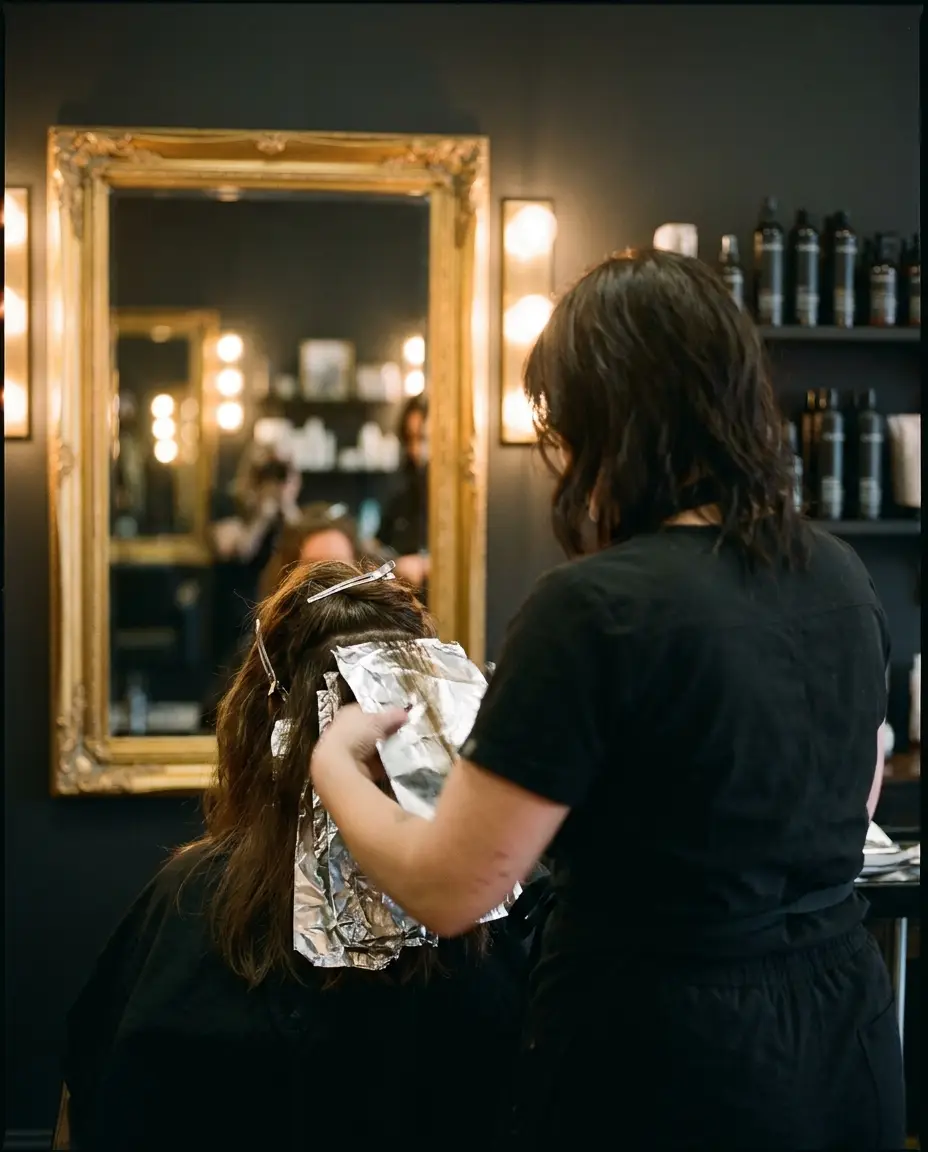 Daisy at work in the salon, sectioning a client's balayage under warm gold light