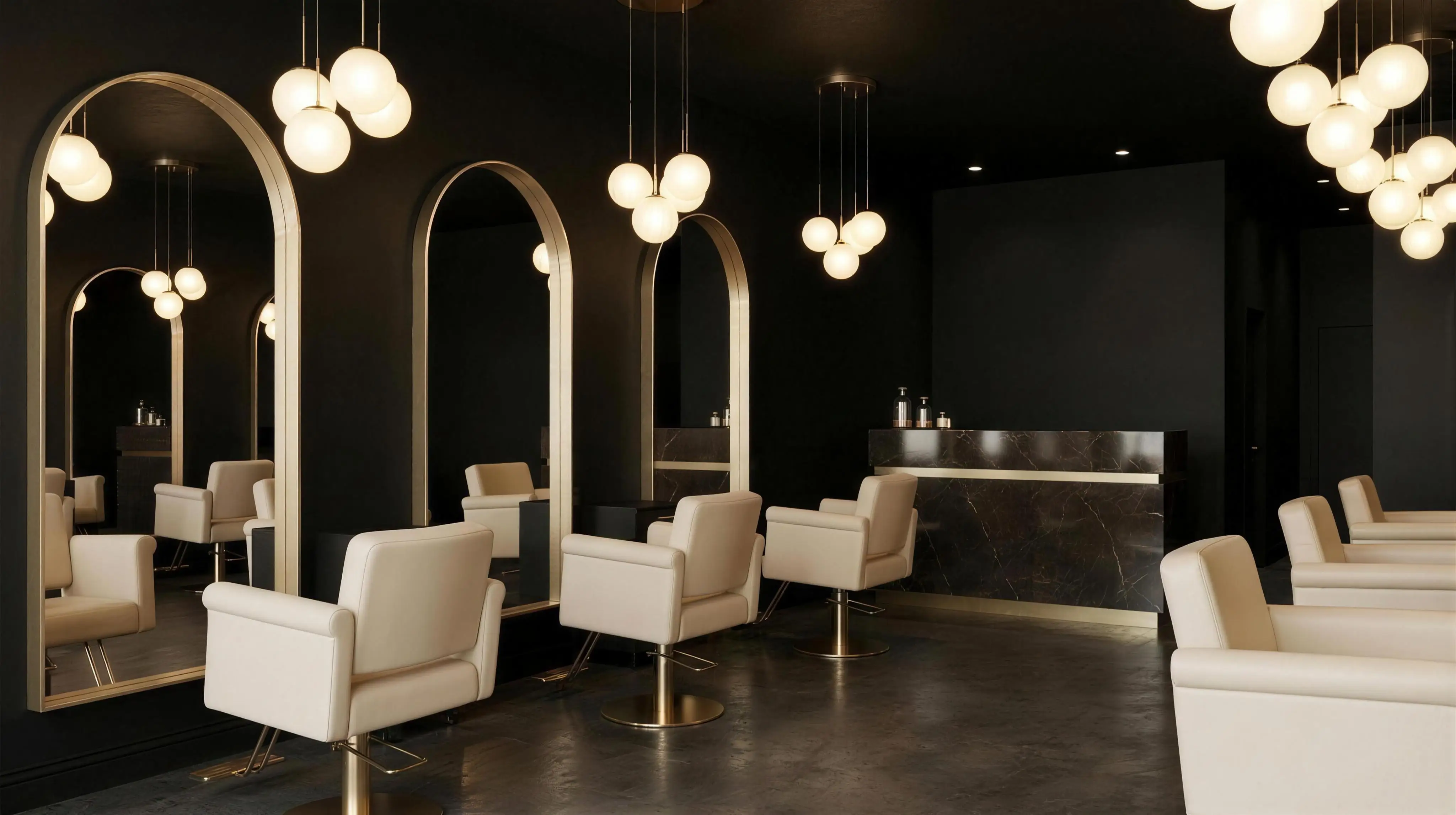 Inside Daisy's salon: matte black walls, arched gold mirrors, cream leather chairs under warm globe pendants