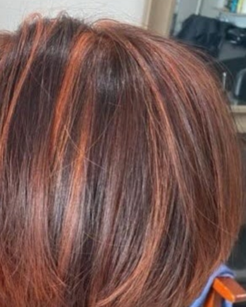Copper highlights · precision bob — hair by Daisy, Haledon NJ